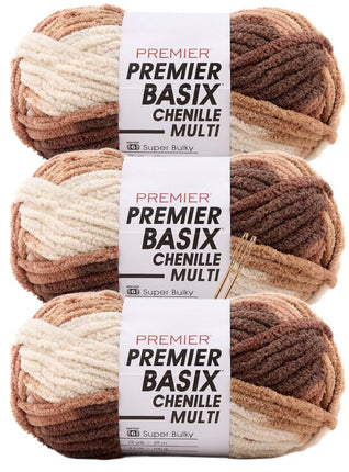 Premier Yarns Basix Chenille Multi Super-Bulky 3-Pack with Tapestry Needles, 100% Polyester #6 Weight Variegated Skeins for Crochet and Knitting, 225 Yds