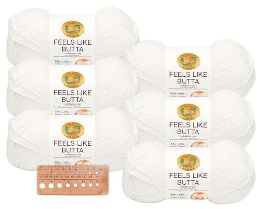 Lion Brand Yarn - Feels Like Butta - 6 Pack with Needle Gauge (White)