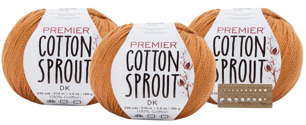 Premier Yarns Cotton Sprout DK Light 3-Pack with Gauge Tool, 100% Un-Mercerized Cotton #3 Weight Skeins for Crochet and Knitting, 690 Yds (Parent)