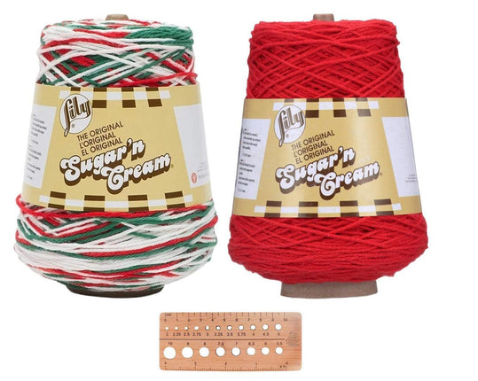 Lily Sugar n' Cream Holiday Cone Bundle 2-Pack 100% Cotton Medium 4 Worsted (Red, White, Green)