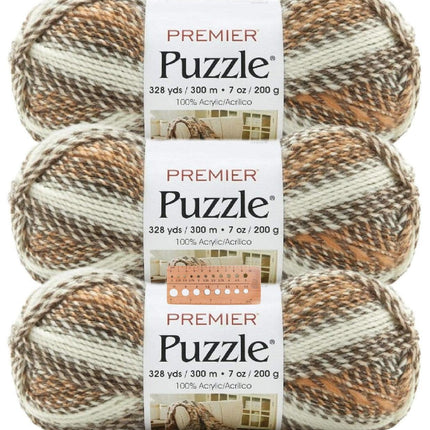 Premier Yarns Puzzle Bulky Yarn 3-Pack with Gauge Tool, 100% Acrylic Soft Self-Striping #5 Weight Craft Cakes for Crochet Sweaters and Blankets, 984 Yds Total