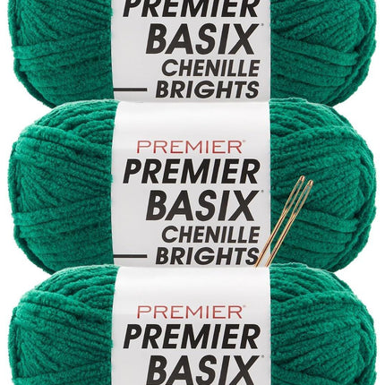 Premier Yarns Basix Chenille Brights Super-Bulky 3-Pack with Tapestry Needles, 100% Polyester #6 Weight Skeins for Crochet and Knitting Blankets, 336 Yds