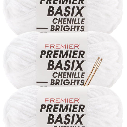 Premier Yarns Basix Chenille Brights Super-Bulky 3-Pack with Tapestry Needles, 100% Polyester #6 Weight Skeins for Crochet and Knitting Blankets, 336 Yds