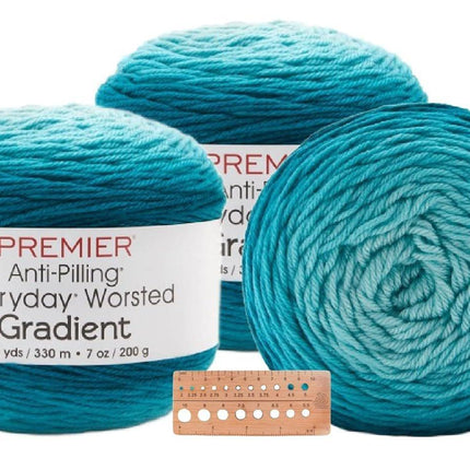 Premier Yarns Everyday Worsted Gradient 3-Pack with Gauge Tool, 100% Anti-Pilling Acrylic #4 Medium Ombre Cakes for Crochet and Knitting, 1080 Yds
