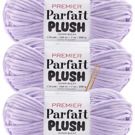 Premier Yarns Parfait Plush Thicker Super-Bulky 3-Pack with Tapestry Needles, 100% Polyester #6 Weight Skeins for Crochet Amigurumi and Soft Toys, 522 Yds