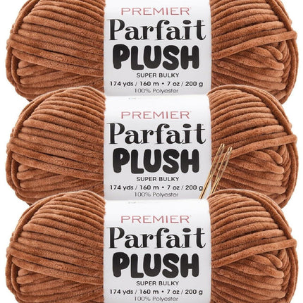 Premier Yarns Parfait Plush Thicker Super-Bulky 3-Pack with Tapestry Needles, 100% Polyester #6 Weight Skeins for Crochet Amigurumi and Soft Toys, 522 Yds