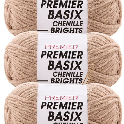 Premier Yarns Basix Chenille Brights Super-Bulky 3-Pack with Tapestry Needles, 100% Polyester #6 Weight Skeins for Crochet and Knitting Blankets, 336 Yds