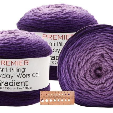 Premier Yarns Everyday Worsted Gradient 3-Pack with Gauge Tool, 100% Anti-Pilling Acrylic #4 Medium Ombre Cakes for Crochet and Knitting, 1080 Yds