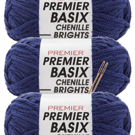 Premier Yarns Basix Chenille Brights Super-Bulky 3-Pack with Tapestry Needles, 100% Polyester #6 Weight Skeins for Crochet and Knitting Blankets, 336 Yds