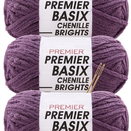 Premier Yarns Basix Chenille Brights Super-Bulky 3-Pack with Tapestry Needles, 100% Polyester #6 Weight Skeins for Crochet and Knitting Blankets, 336 Yds
