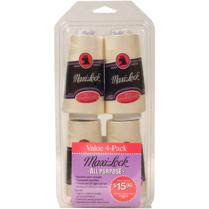 Maxi-Lock All Purpose Serger Thread - 4-Pack Eggshell Color, 3000 Yards Each, Low-Lint Polyester, Balanced Tension, for Overlock & Garment Sewing