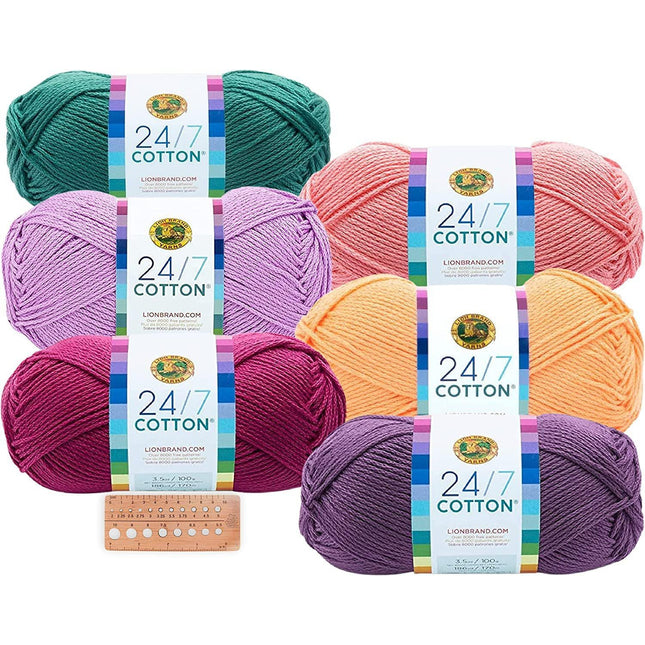 Lion Brand Yarn - 24/7 Cotton - 6 Skein Assortment (Jelly Beans)