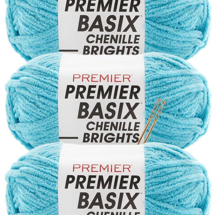 Premier Yarns Basix Chenille Brights Super-Bulky 3-Pack with Tapestry Needles, 100% Polyester #6 Weight Skeins for Crochet and Knitting Blankets, 336 Yds