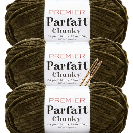 Premier Yarns Parfait Chunky Chenille Yarn - 3 Pack with Tapestry Needles, Super Bulky #6, Oeko-TEX Certified, 131 Yards Each (Parent)