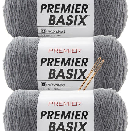 Premier Basix Worsted Weight Yarn – 3 Pack with Tapestry Needles, Soft Acrylic #4 Medium Yarn for Knitting & Crochet (Parent 1)