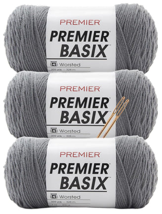 Premier Basix Worsted Weight Yarn – 3 Pack with Tapestry Needles, Soft Acrylic #4 Medium Yarn for Knitting & Crochet (Parent 1)