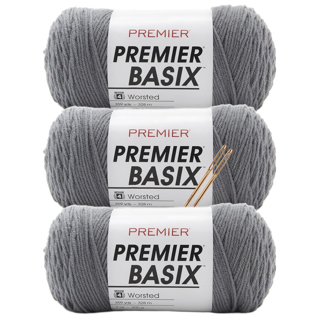 Premier Basix Worsted Weight Yarn – 3 Pack with Tapestry Needles, Soft Acrylic #4 Medium Yarn for Knitting & Crochet (Parent 1)
