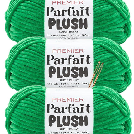 Premier Yarns Parfait Plush Thicker Super-Bulky 3-Pack with Tapestry Needles, 100% Polyester #6 Weight Skeins for Crochet Amigurumi and Soft Toys, 522 Yds