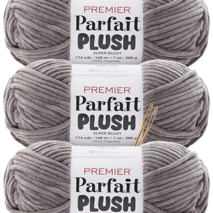 Premier Yarns Parfait Plush Thicker Super-Bulky 3-Pack with Tapestry Needles, 100% Polyester #6 Weight Skeins for Crochet Amigurumi and Soft Toys, 522 Yds