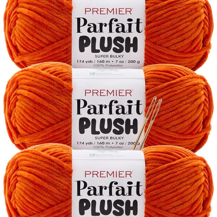 Premier Yarns Parfait Plush Thicker Super-Bulky 3-Pack with Tapestry Needles, 100% Polyester #6 Weight Skeins for Crochet Amigurumi and Soft Toys, 522 Yds