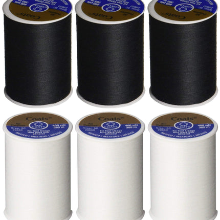 6 Pack Bundle - (3 Black + 3 White) - Coats & Clark Dual Duty All-Purpose Thread - Three 400 Yard Spools each of BLACK & White