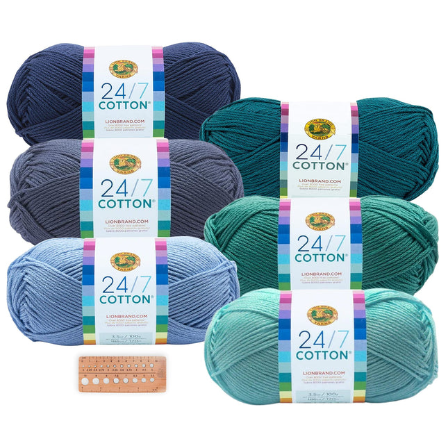 Lion Brand Yarn - 24/7 Cotton - 6 Skein Assortment (Ocean)