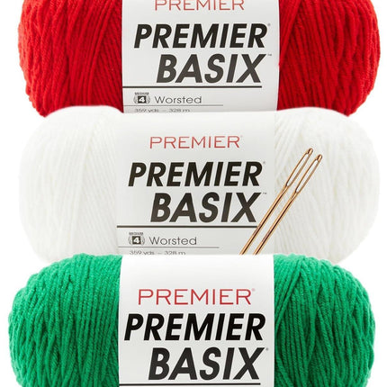 Premier Basix Yarn Bundle – Red, White & Green – 3 Skeins + Tapestry Needles – Worsted #4 Acrylic Yarn for Knitting, Crochet, Holiday Projects