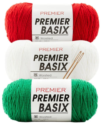 Premier Basix Yarn Bundle – Red, White & Green – 3 Skeins + Tapestry Needles – Worsted #4 Acrylic Yarn for Knitting, Crochet, Holiday Projects