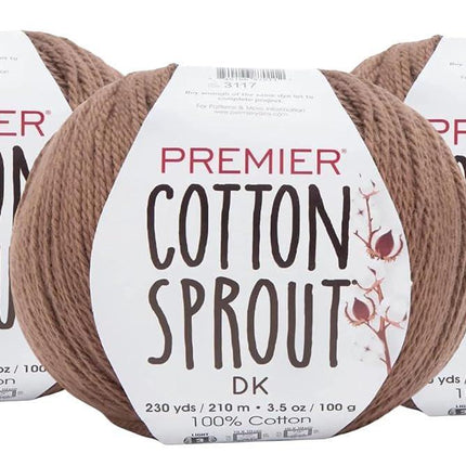 Premier Yarns Cotton Sprout DK Light 3-Pack with Gauge Tool, 100% Un-Mercerized Cotton #3 Weight Skeins for Crochet and Knitting, 690 Yds (Parent)