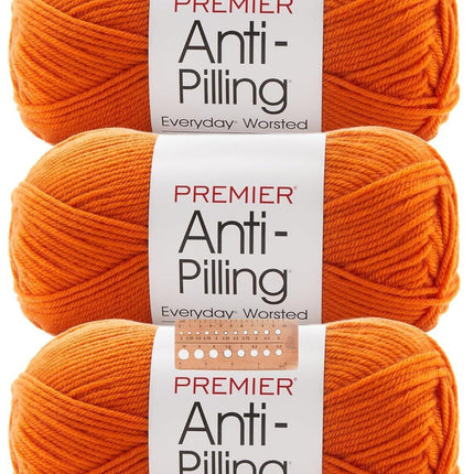 Premier Yarns Anti-Pilling Everyday Worsted Yarn 3-Pack with Gauge Tool, 100% Acrylic Medium #4 Weight Skeins for Crochet and Knitting Baby Blankets, 540 Yds (Pumpkin)