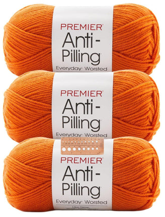 Premier Yarns Anti-Pilling Everyday Worsted Yarn 3-Pack with Gauge Tool, 100% Acrylic Medium #4 Weight Skeins for Crochet and Knitting Baby Blankets, 540 Yds (Pumpkin)