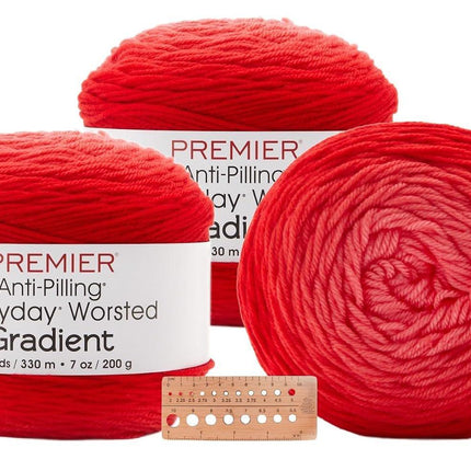 Premier Yarns Everyday Worsted Gradient 3-Pack with Gauge Tool, 100% Anti-Pilling Acrylic #4 Medium Ombre Cakes for Crochet and Knitting, 1080 Yds