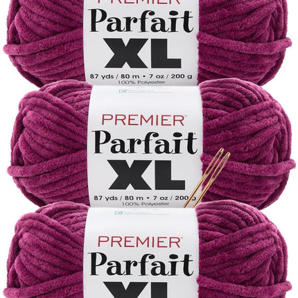 Premier Yarns Parfait XL Chenille Yarn 3-Pack with Tapestry Needles, 100% Polyester Jumbo #7 Weight Bulky Skeins for Crochet Amigurumi and Giant Plush Toys, 261 Yds Total (Parent)