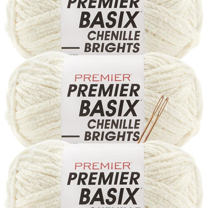 Premier Yarns Basix Chenille Brights Super-Bulky 3-Pack with Tapestry Needles, 100% Polyester #6 Weight Skeins for Crochet and Knitting Blankets, 336 Yds