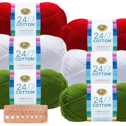 Lion Brand Yarn - 24/7 Cotton - 6 Skeins with Needle Gauge - Christmas Holiday #1 (Grass, Red, & White)