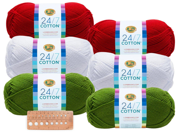 Lion Brand Yarn - 24/7 Cotton - 6 Skeins with Needle Gauge - Christmas Holiday #1 (Grass, Red, & White)