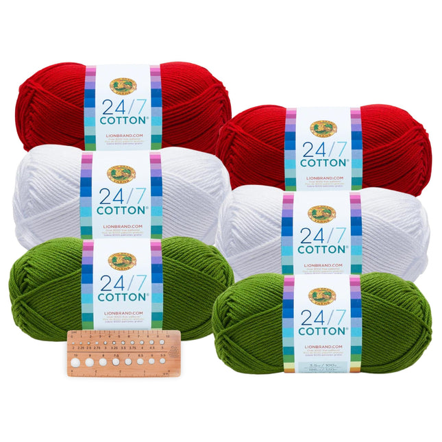 Lion Brand Yarn - 24/7 Cotton - 6 Skeins with Needle Gauge - Christmas Holiday #1 (Grass, Red, & White)
