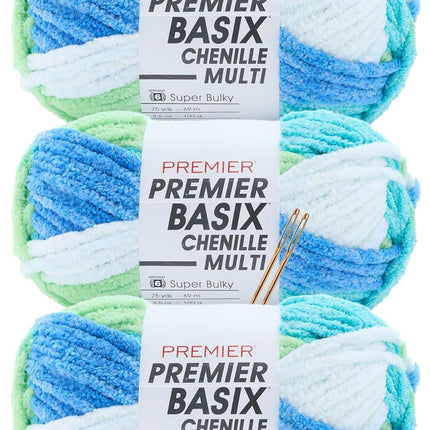 Premier Yarns Basix Chenille Multi Super-Bulky 3-Pack with Tapestry Needles, 100% Polyester #6 Weight Variegated Skeins for Crochet and Knitting, 225 Yds