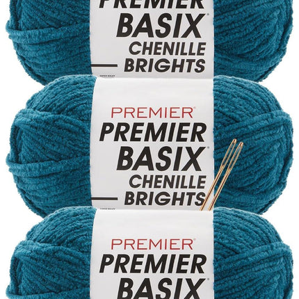 Premier Yarns Basix Chenille Brights Super-Bulky 3-Pack with Tapestry Needles, 100% Polyester #6 Weight Skeins for Crochet and Knitting Blankets, 336 Yds