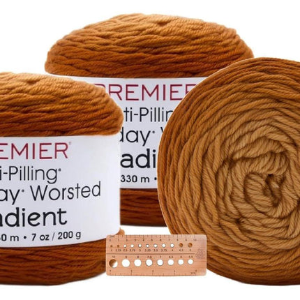 Premier Yarns Everyday Worsted Gradient 3-Pack with Gauge Tool, 100% Anti-Pilling Acrylic #4 Medium Ombre Cakes for Crochet and Knitting, 1080 Yds