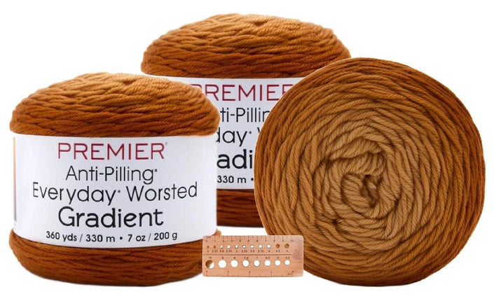 Premier Yarns Everyday Worsted Gradient 3-Pack with Gauge Tool, 100% Anti-Pilling Acrylic #4 Medium Ombre Cakes for Crochet and Knitting, 1080 Yds