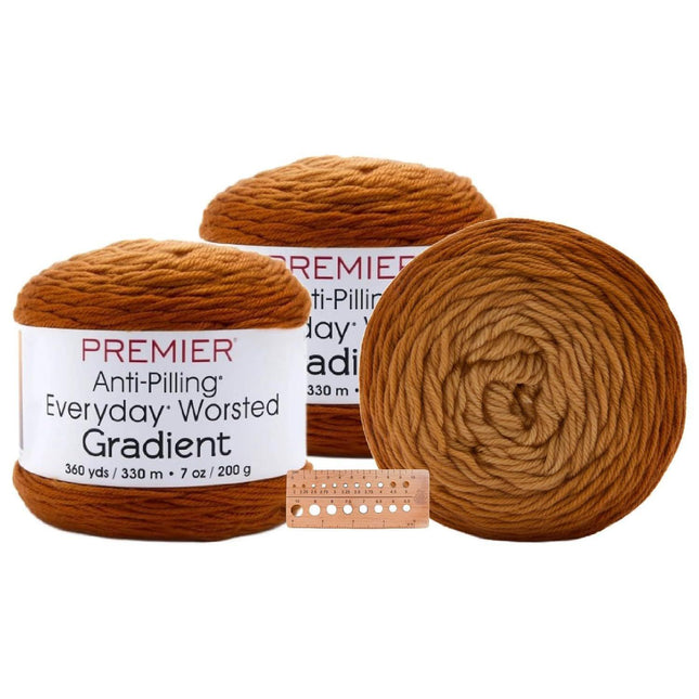 Premier Yarns Everyday Worsted Gradient 3-Pack with Gauge Tool, 100% Anti-Pilling Acrylic #4 Medium Ombre Cakes for Crochet and Knitting, 1080 Yds