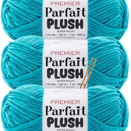 Premier Yarns Parfait Plush Thicker Super-Bulky 3-Pack with Tapestry Needles, 100% Polyester #6 Weight Skeins for Crochet Amigurumi and Soft Toys, 522 Yds