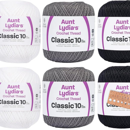 Coats & Clark Aunt Lydia's Crochet Thread Cotton Classic 10-6 Skein Assortment (Monochrome)