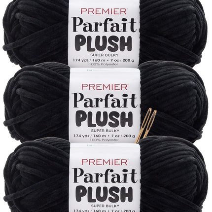Premier Yarns Parfait Plush Thicker Super-Bulky 3-Pack with Tapestry Needles, 100% Polyester #6 Weight Skeins for Crochet Amigurumi and Soft Toys, 522 Yds