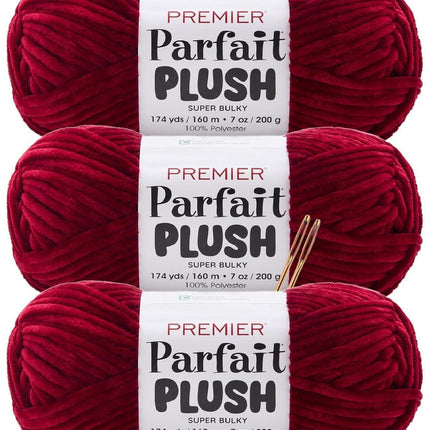 Premier Yarns Parfait Plush Thicker Super-Bulky 3-Pack with Tapestry Needles, 100% Polyester #6 Weight Skeins for Crochet Amigurumi and Soft Toys, 522 Yds