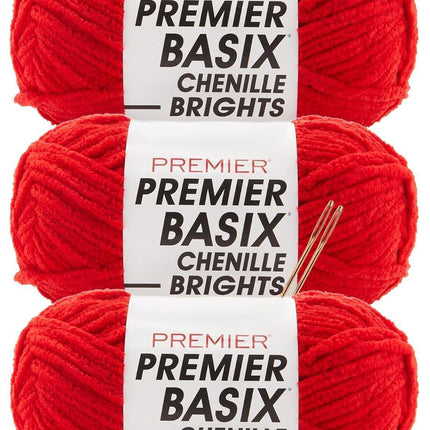 Premier Yarns Basix Chenille Brights Super-Bulky 3-Pack with Tapestry Needles, 100% Polyester #6 Weight Skeins for Crochet and Knitting Blankets, 336 Yds