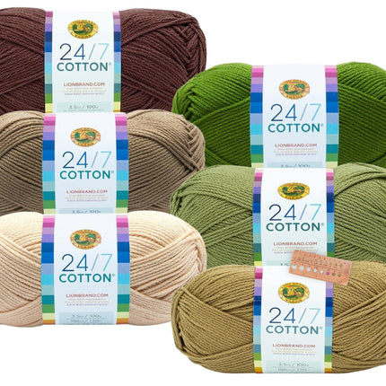 Lion Brand Yarn - 24/7 Cotton - Six Skein Assortment (Olive Tree)
