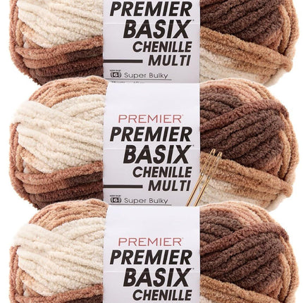Premier Yarns Basix Chenille Multi Super-Bulky 3-Pack with Tapestry Needles, 100% Polyester #6 Weight Variegated Skeins for Crochet and Knitting, 225 Yds