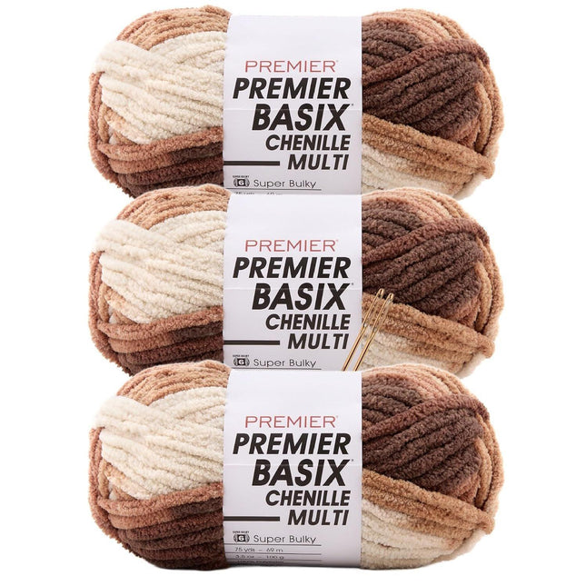 Premier Yarns Basix Chenille Multi Super-Bulky 3-Pack with Tapestry Needles, 100% Polyester #6 Weight Variegated Skeins for Crochet and Knitting, 225 Yds